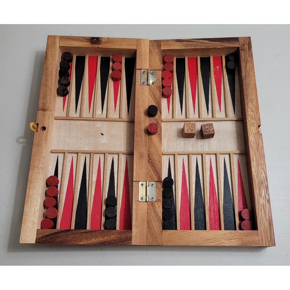 Handmade Wooden Backgammon Set Folding Travel Board Game Red Black Excellent